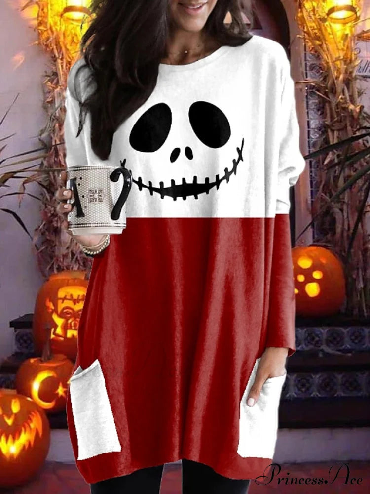 Abstract Women’s Design Black Painting Shirts Round Neck Block White Halloween Long Tunic Plaid