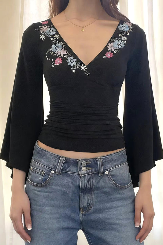 Floral Embroidery Deep V Bell Sleeve Blouse