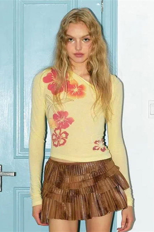 Floral Print Asymmetrical Neck Slim Long Sleeve Tee Yellow / S