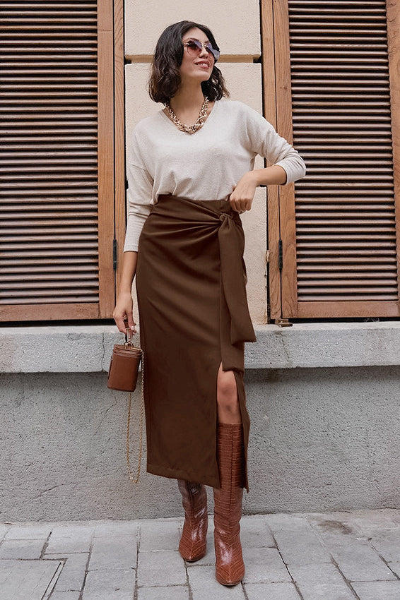High Waist Split Tie Straight Skirt