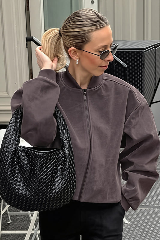 Suede Zip Front Balloon Sleeve Jacket