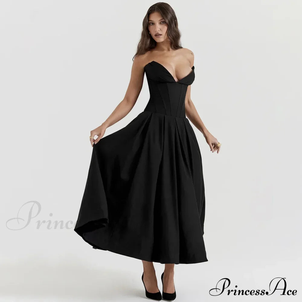 Adriana Midi A-Line Charming Strapless Corset Dress Black / L