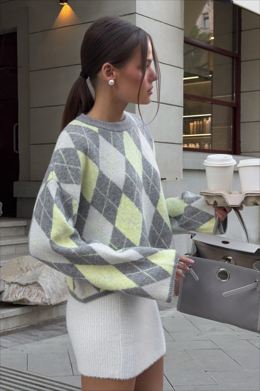 Argyle-Strickpullover in Grün mit Farbblockmuster, lockerer Rundhalsausschnitt