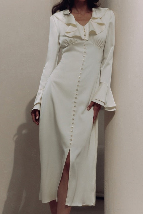 Vintage Maxikleid mit Rüschen, V-Ausschnitt und ausgestellten Ärmeln