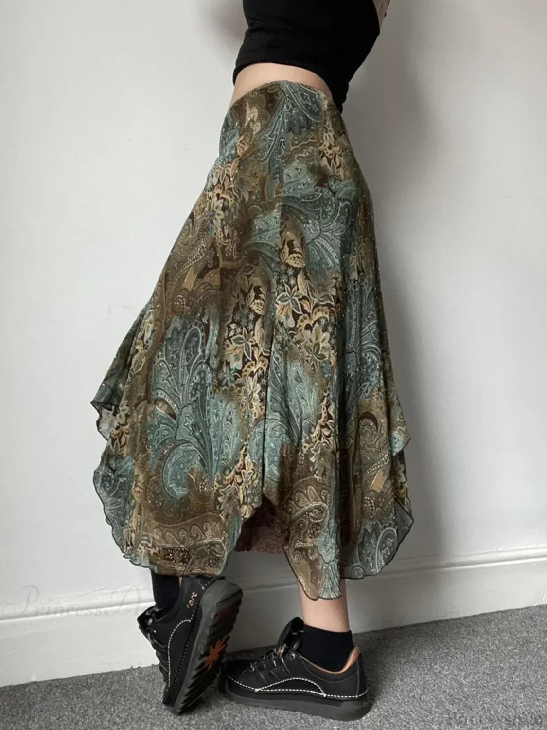 Aesthetic Floral Print Asymmetrical Boho Vacation Lace Skirt skirt-250126