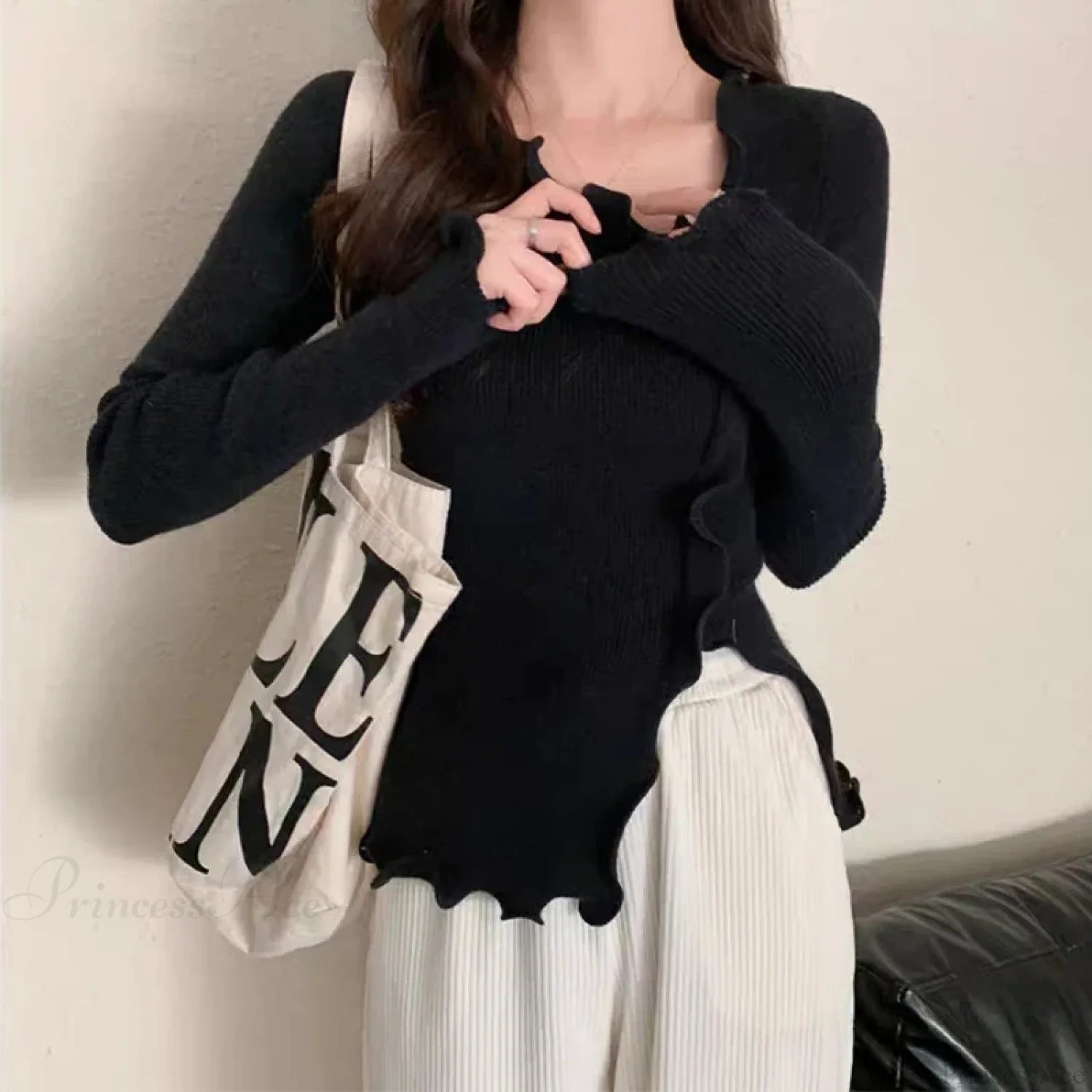 Aesthetic Irregular Ruffles Knit Crop Solid Long Sleeve Knit Top Black / One Size knittop-250126