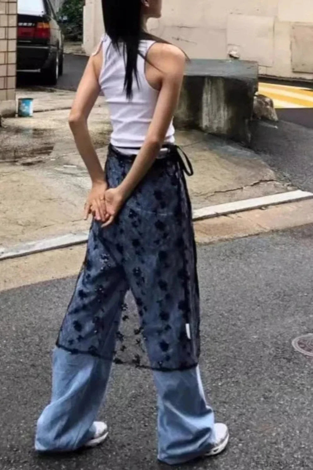 Aesthetic See Through Sequins Flower Lace Long Apron Skirt Black / One Size skirt-250126