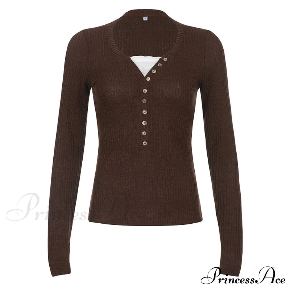 Aesthetic Up Ribbed Lace Arm Patchwork Retro Tops Y2K Skinny Casual Grunge Button Long Fairy Women