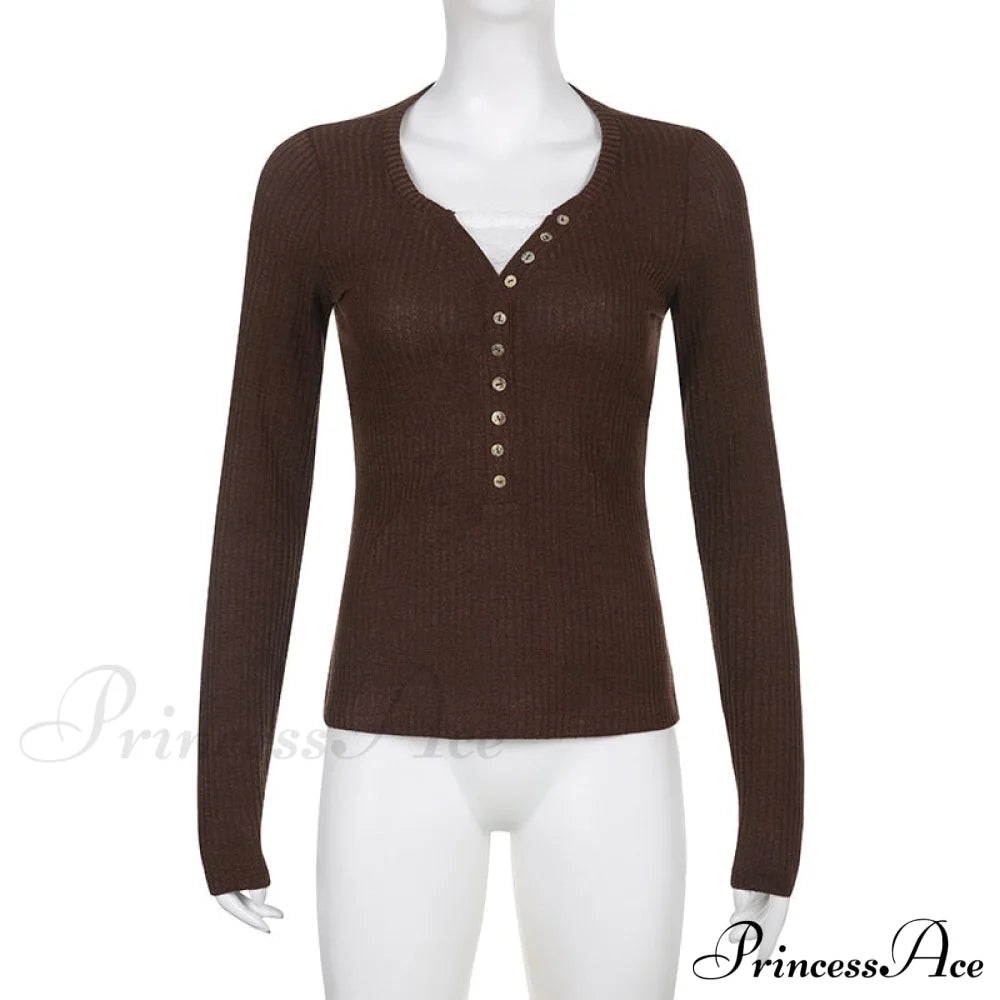 Aesthetic Up Ribbed Lace Arm Patchwork Retro Tops Y2K Skinny Casual Grunge Button Long Fairy Women