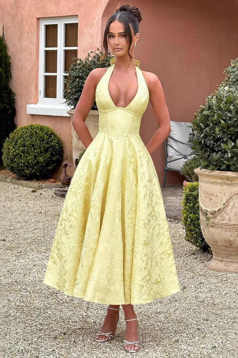Jacquard Halter V-Neck Party Dress S / Yellow