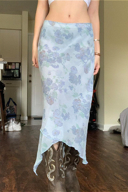 Asymmetrischer, figurformender Rock aus floralem Mesh