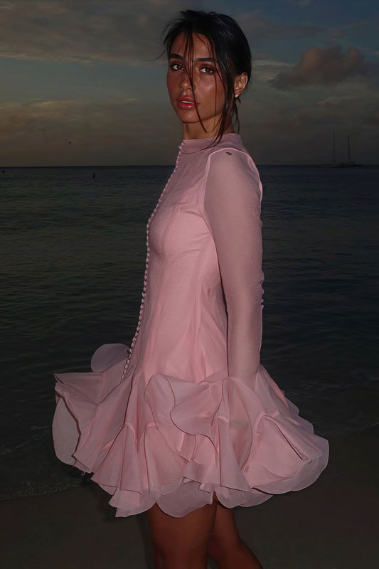 Elegant Buttoned Ruffled Long Puff Sleeve Mini Dress