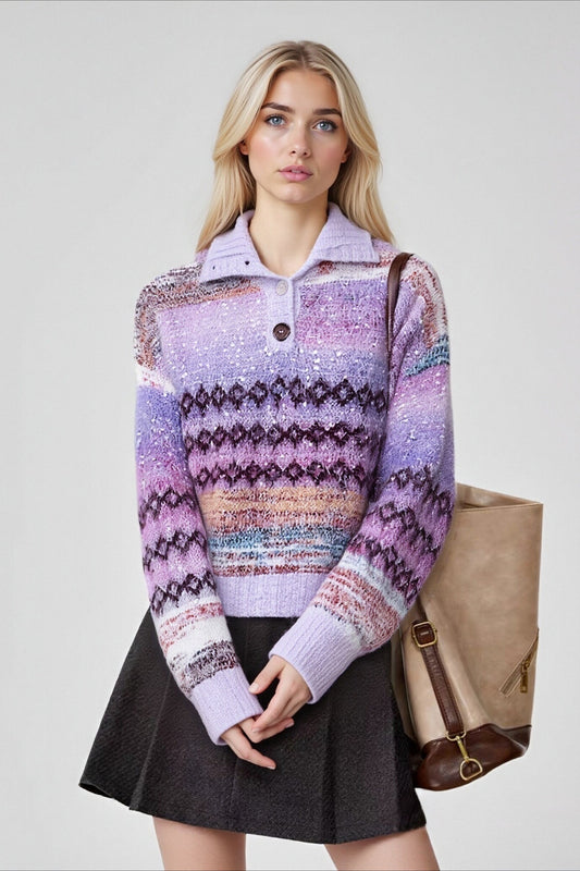 Locker geschnittener Pullover mit Farbverlauf, Fair-Isle-Jacquard-Muster und Lurex-Kragen