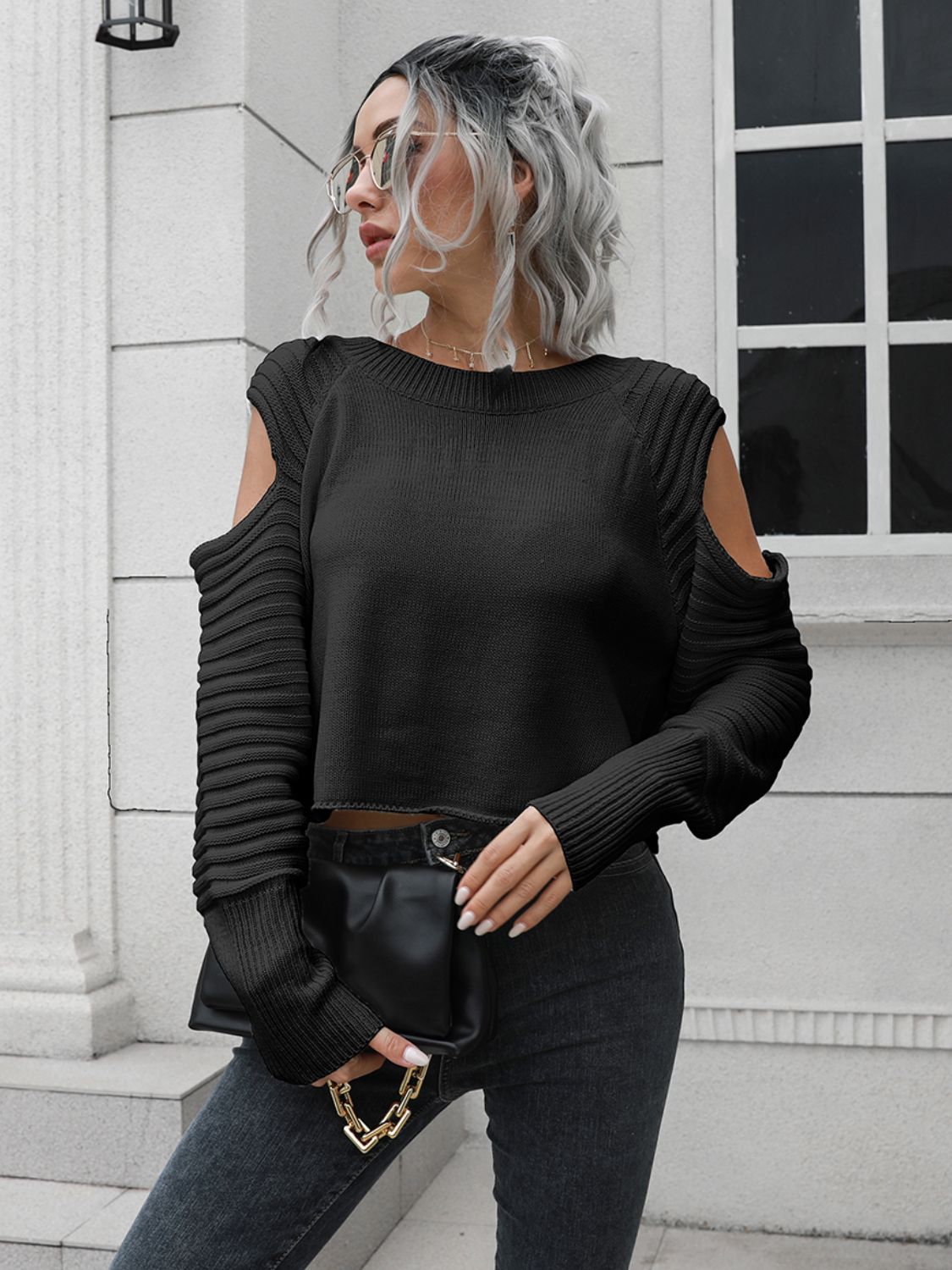 Ribbed Trim Cold-Shoulder Sweater Sweaters-L