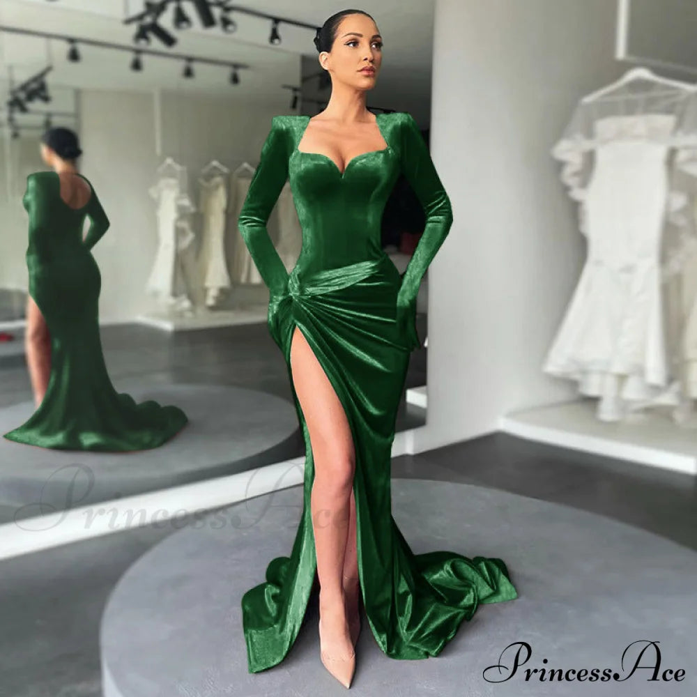 Aleah High Stylish Slit Velvet Dress Green / S S.o. Long Dresses