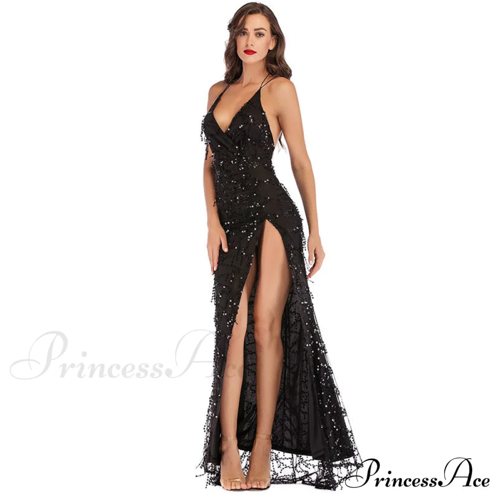 Alese Scroll Sequin Charming Cross Back Mermaid Dress Black / S S.o. Long Dresses