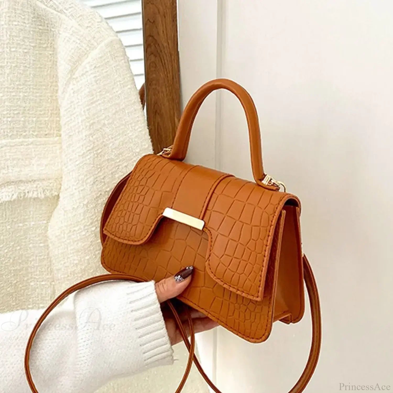 Alligator Pattern Small Square Vintage PU Leather Crossbody Handbag Brown handbag-250126