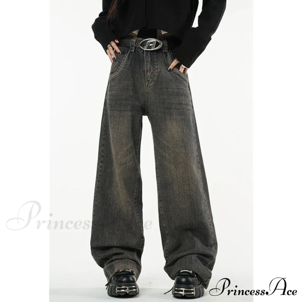 American Fashion Blue Jeans Waist Vintage High Streetwear Dark Leg Women - Denim Wide Trouser