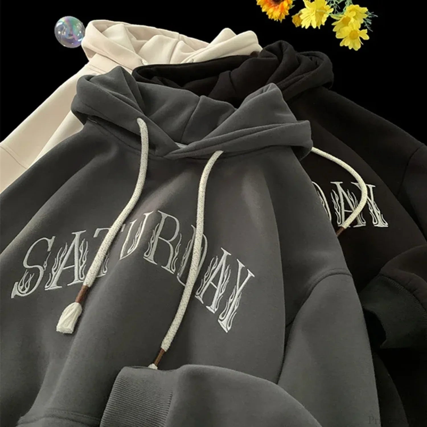 American Flame Print Fleece Y2K Hoodie