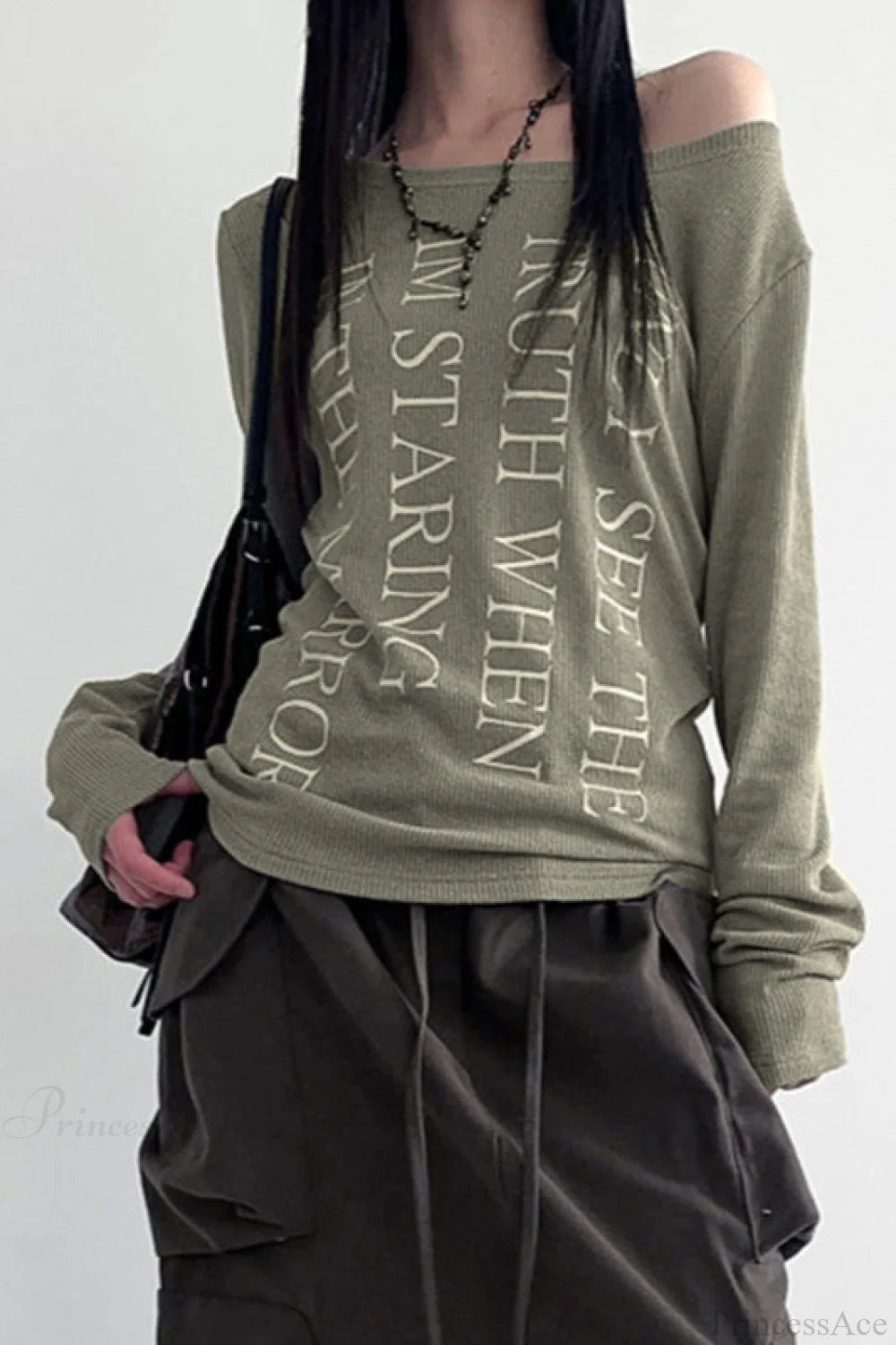 American Retro Oblique Collar Letter Print Long Sleeve Tee