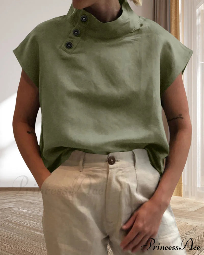 Cotton & Linen Button stand collar top Green 23BF clothes Cotton and Linen Short Sleeve Tops T-shirts Tops/Blouses