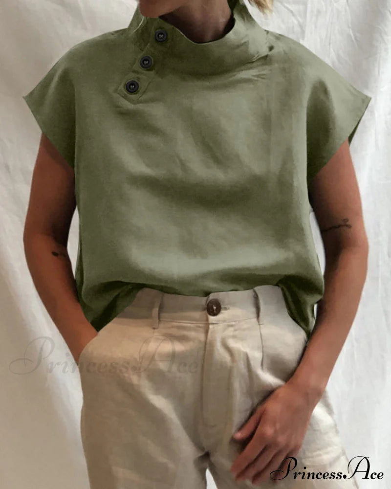 And Cotton Neckline Button Linen Stand Top T-Shirts