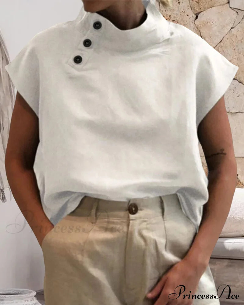 And Cotton Neckline Button Linen Stand Top T-Shirts