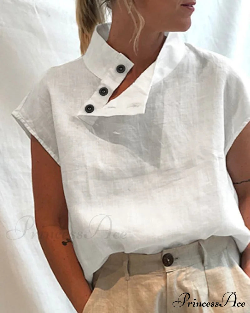 Cotton & Linen Button stand collar top White 23BF clothes Cotton and Linen Short Sleeve Tops T-shirts Tops/Blouses