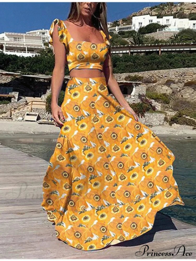 And High Flowered Long Waisted Top Crop Skirt Set S / Blue & Red Two Piece Maxi Dress