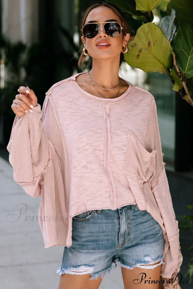 And Top Chest Exposed Pocket Loose Seam Oversized With Pink Sleeves Tops