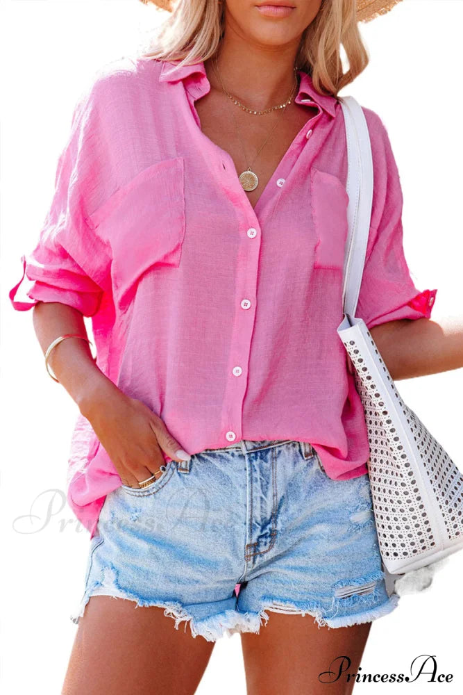 And Turn-Down Blouse Neckline Pink Chest With Pocket Tops