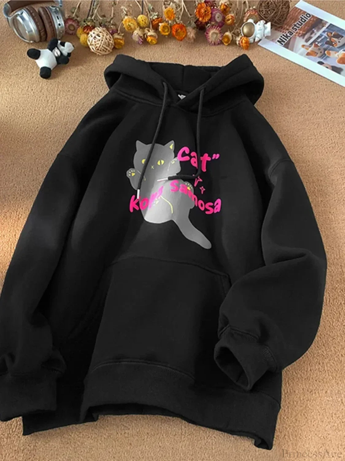 Anime Kawaii Cat Graphic Retro Hoodie Black / M(40-45KG)