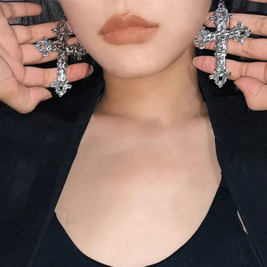 Antique Cross Gothic Rebel Dangle Drop Earring silver