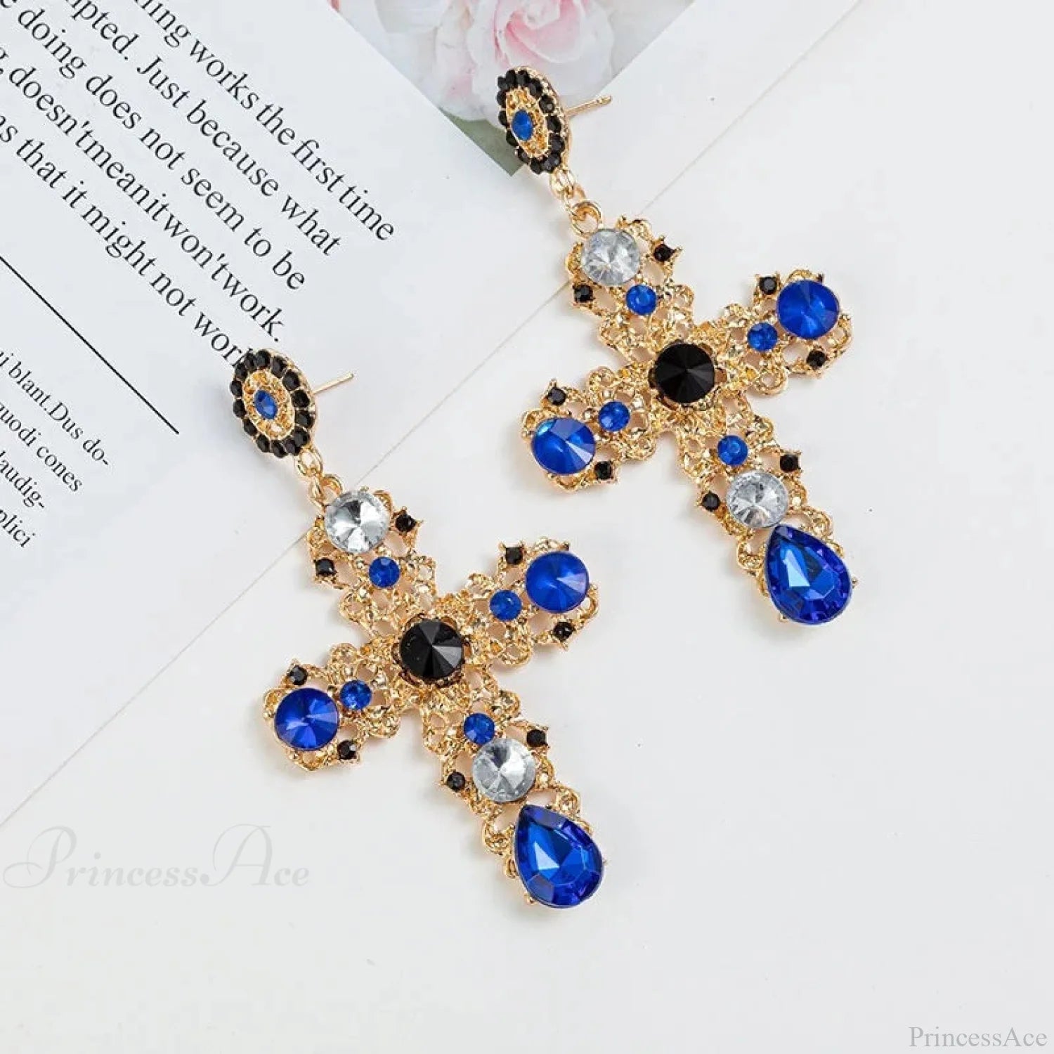 Antique Crystal Cross Baroque Dangle Earring Blue