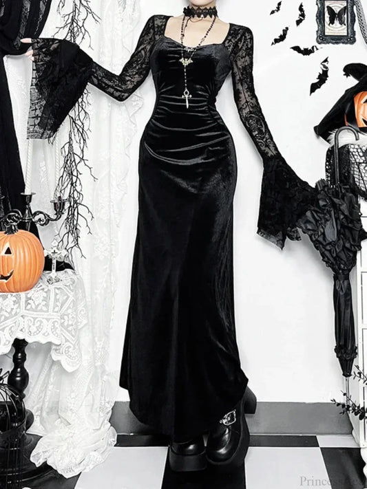 Antique Flare Sleeve Square Collar Full-Length Dress Black / XS