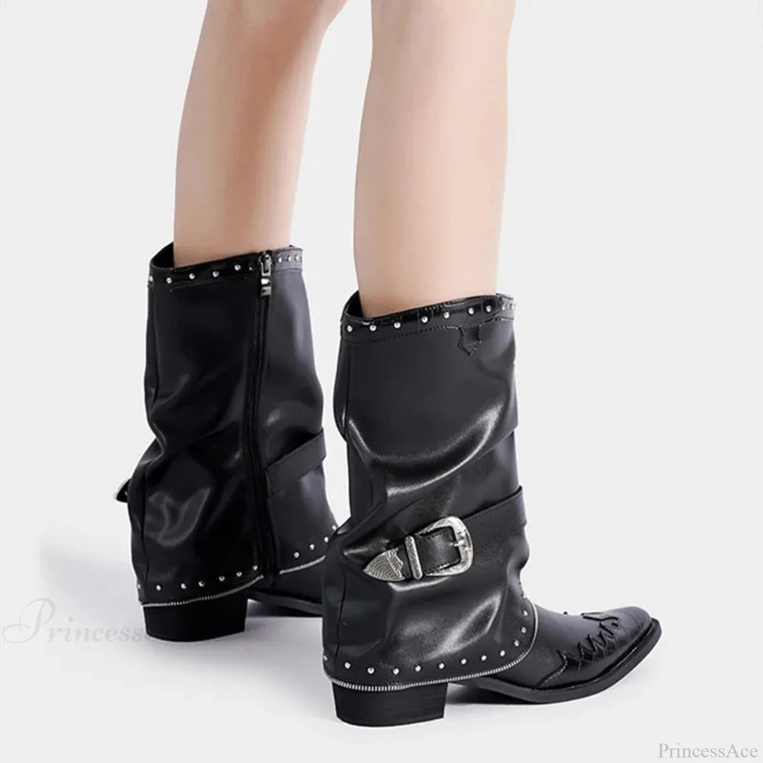 Antique Rivets Medieval Shiny Leather Ankle Boot