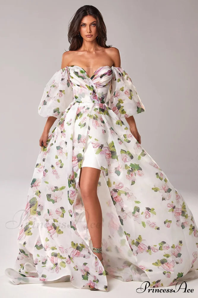 Apple Blossom Elegant Floral Graceful Puff Sleeve Maxi Dress