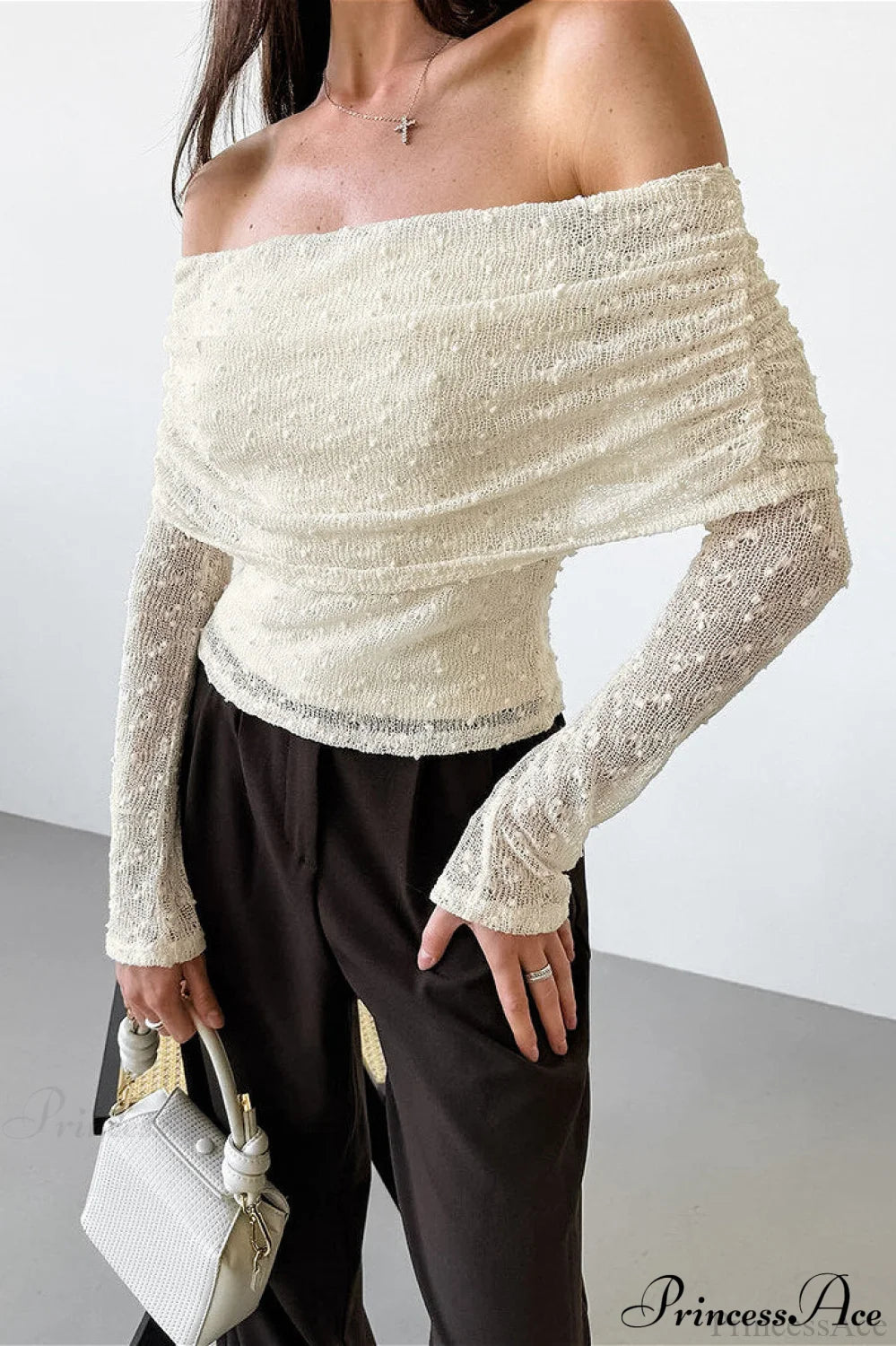 Apricot Off Shoulder Lace Knit Long Sleeve Tee Apricot / S