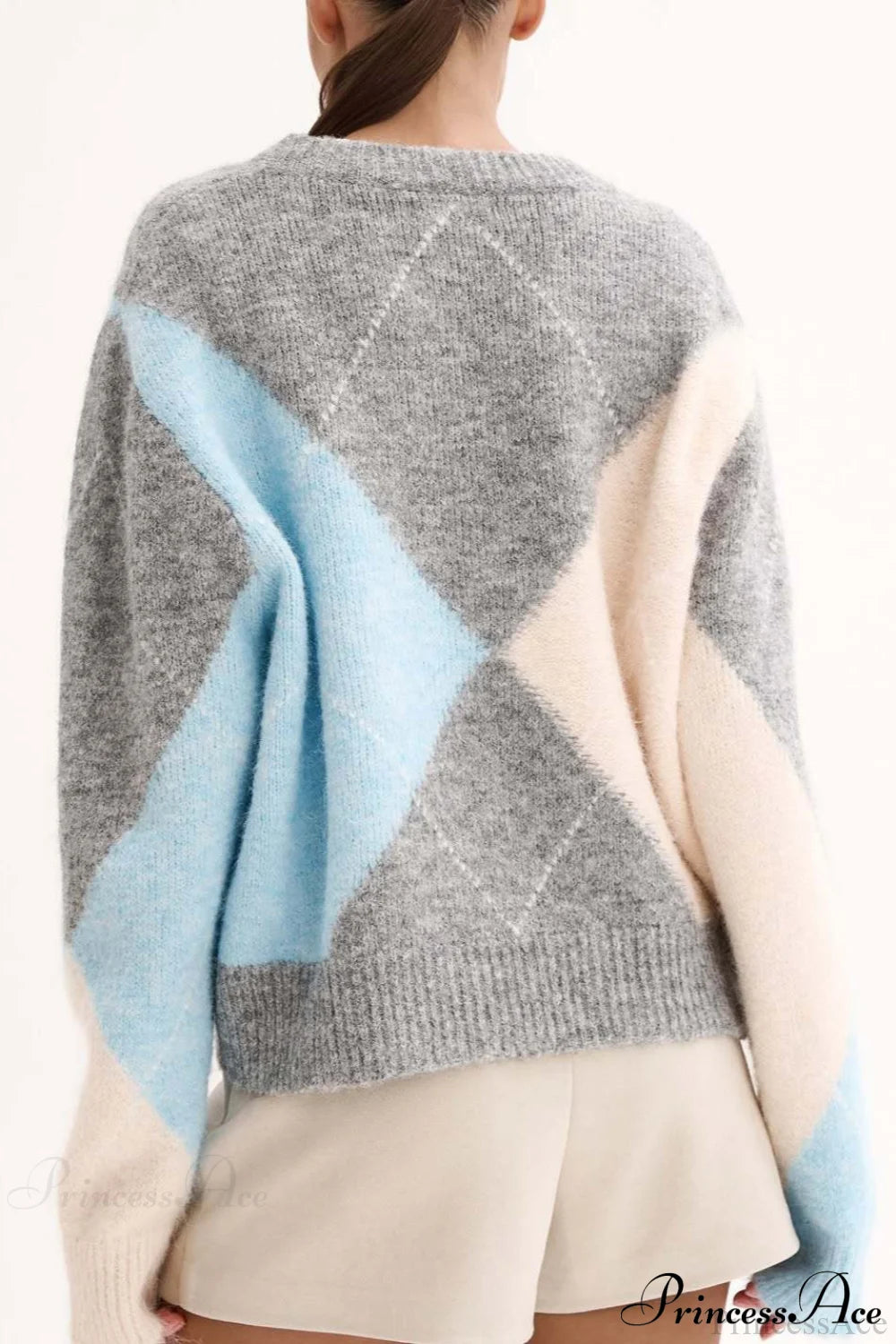 Argyle Pattern Crew Neck Pullover Long Sleeve Warm Sweater