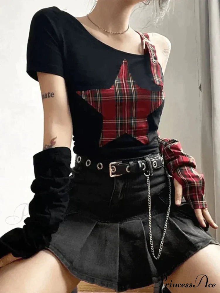 Argyll Print Crew Neck Modern Crop Tank Top - Coffee Tops&Tees