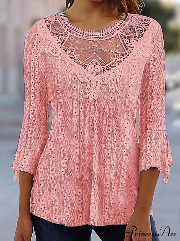 Arm Blouse Neck Black Pink Round White Lace 3/4 Casual Women’s Regular S /