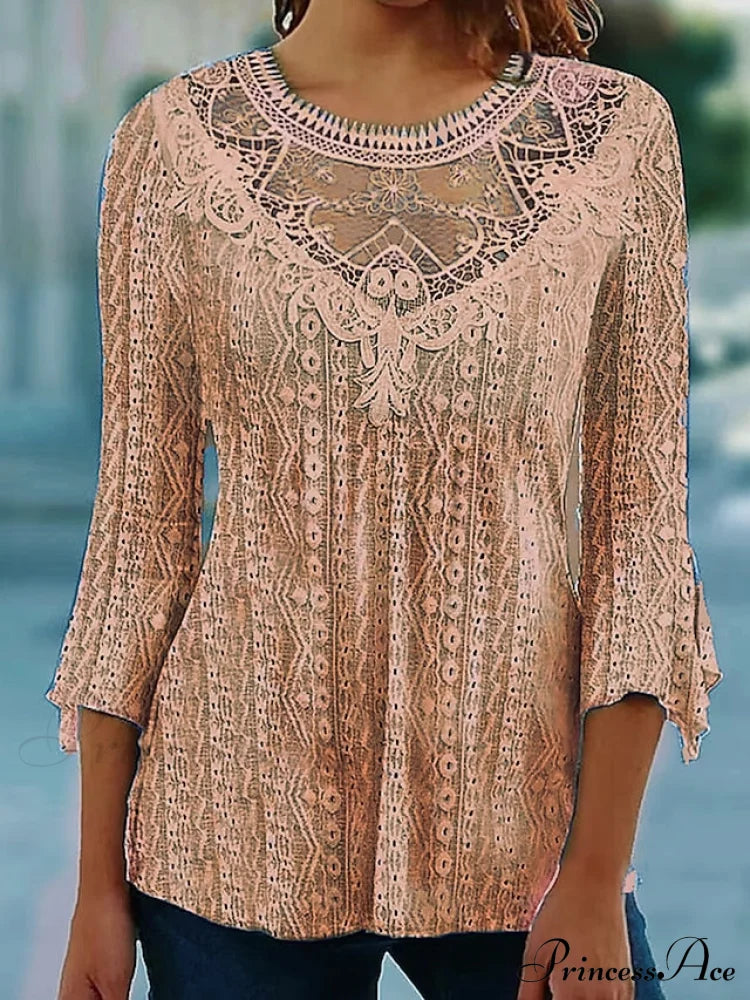 Arm Blouse Neck Black Pink Round White Lace 3/4 Casual Women’s Regular S Khaki /