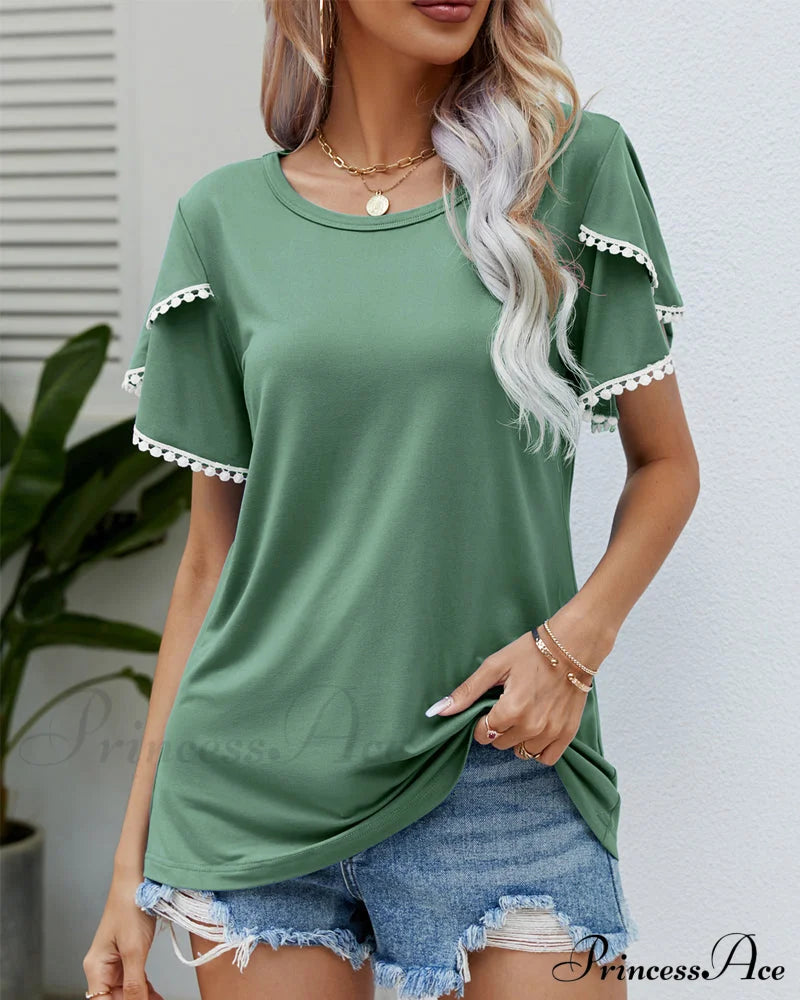 Round Neck T-shirt with Short Sleeves Green 23BF clothes Short Sleeve Tops Spring Summer T-shirts Tops/Blouses