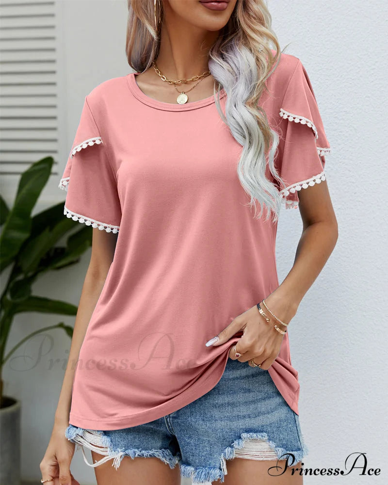 Round Neck T-shirt with Short Sleeves Pink 23BF clothes Short Sleeve Tops Spring Summer T-shirts Tops/Blouses