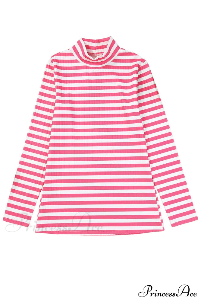 Arm Design Long Textured Pink Knit Striped Tee Tops