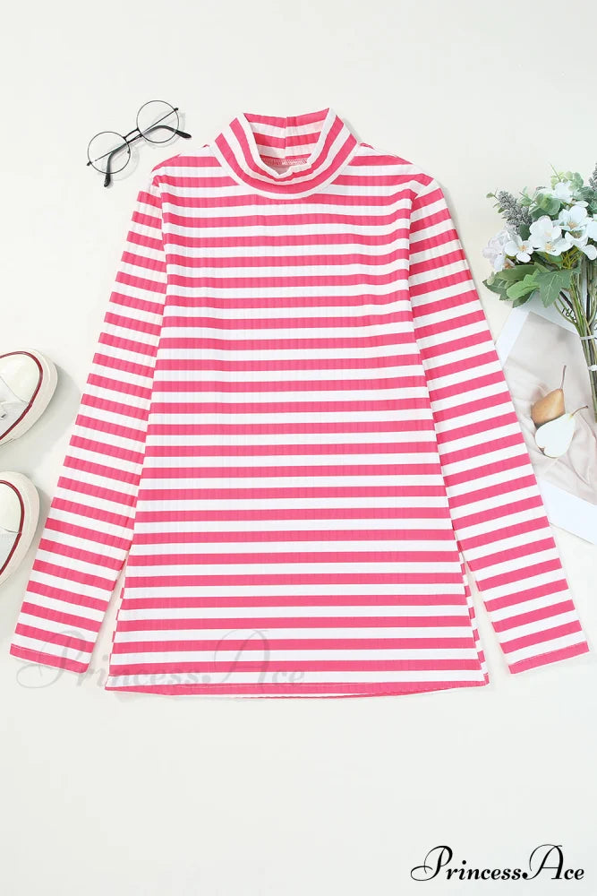 Arm Design Long Textured Pink Knit Striped Tee Tops