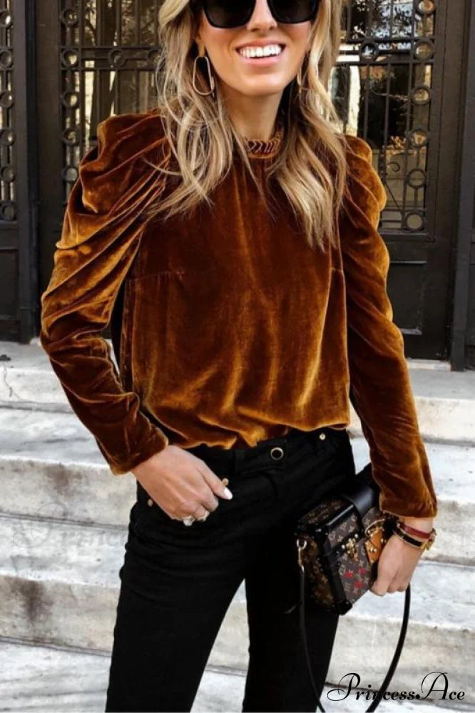 Women's velvet puff long sleeve temperament top Brown clothes long sleeve shirt long sleeve shirts long sleeve top long sleeve tops shirt shirts tops