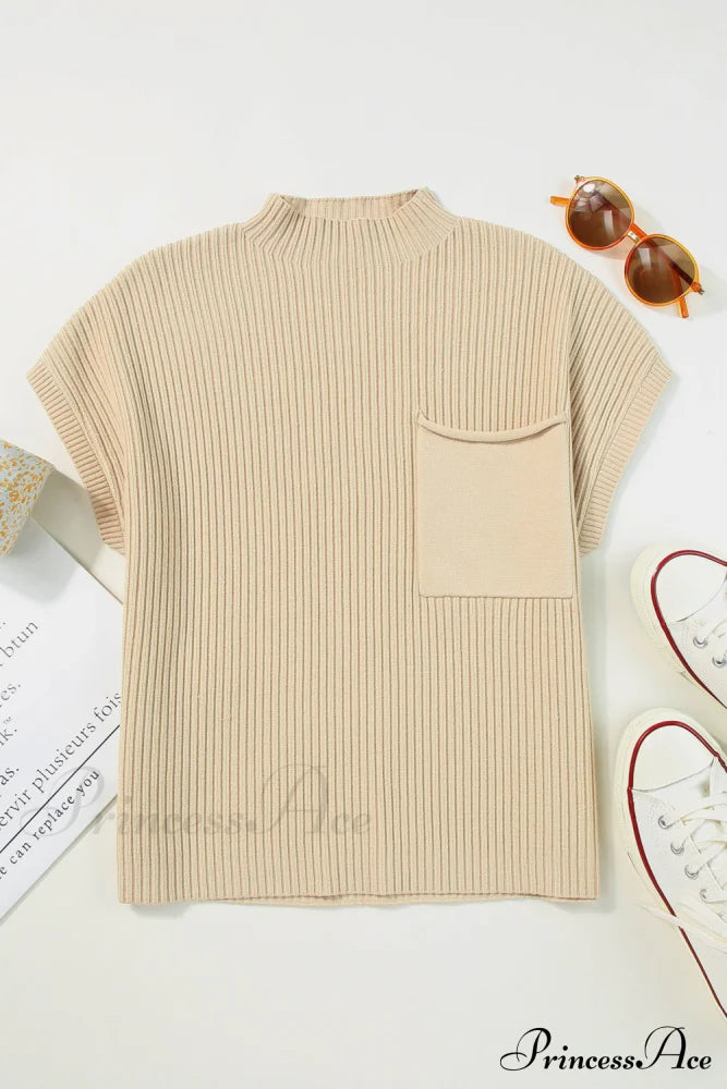 Arm Oatmeal Brief Knit Patch Ribbed With Sweater Pocket Sweaters-L