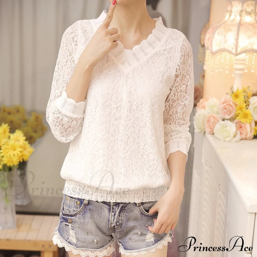 Arm Size Temperament Women’s Autumn 1066 V-Neck Sweet Long Slim Bottom Blouse Lace Fit - 40
