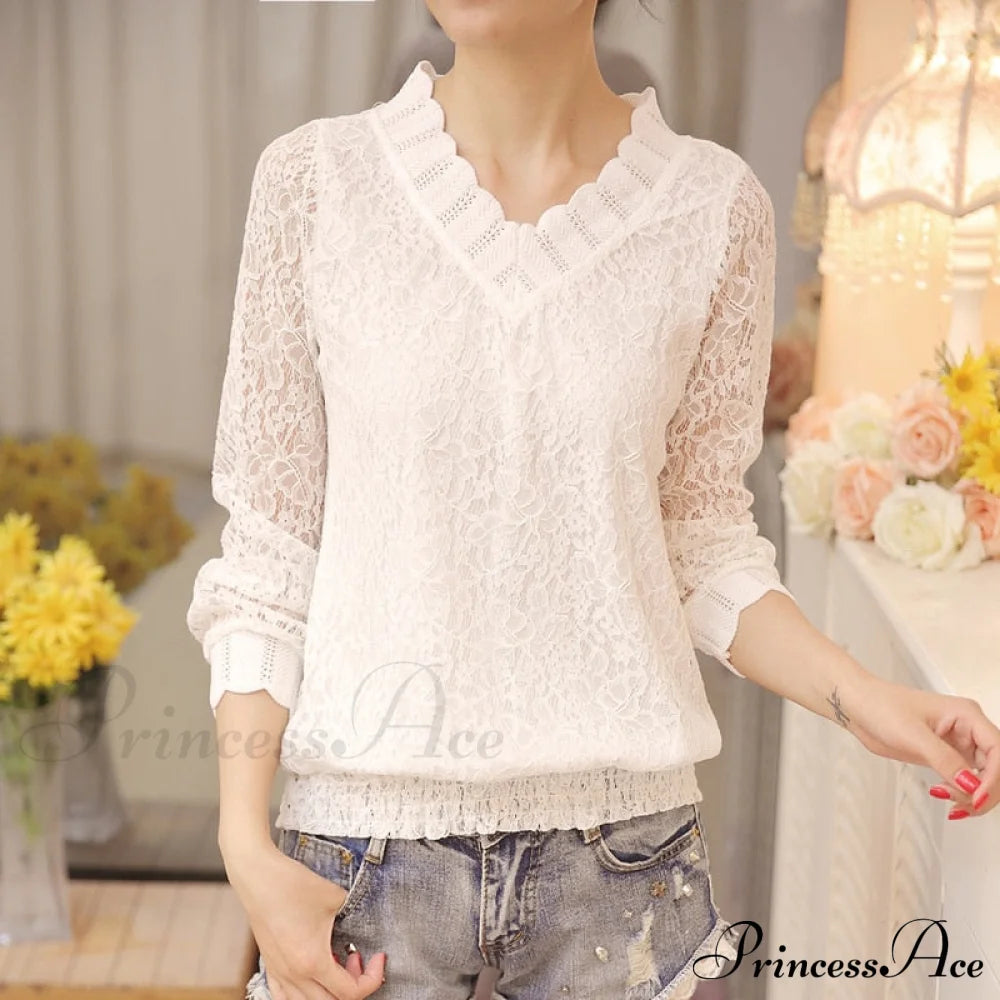 Arm Size Temperament Women’s Autumn 1066 V-Neck Sweet Long Slim Bottom Blouse Lace Fit - 40 M /